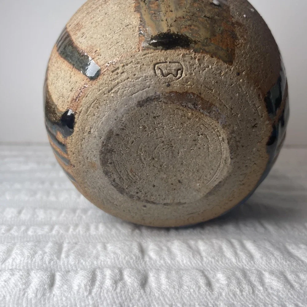 Vintage Studio Pottery Ceramic Bud Weed Vase, Signed , Earth Tone/Blue Handmade